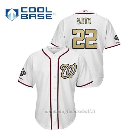 Maglia Baseball Uomo Washington Nationals 22 Juan Soto 2019 Gold Program Cool Base Bianco